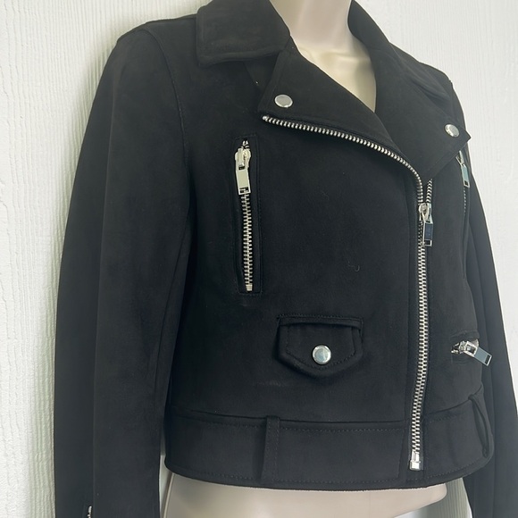 Zara - Black Faux Suede Cropped Moto Biker Long Sleeve Zipper Jacket Size XS - Picture 5 of 11